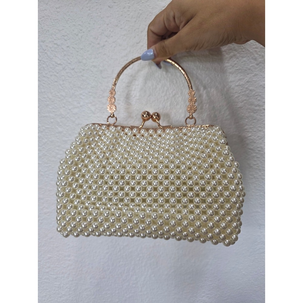 Handmade Faux Pearl Beaded Clutch Rose Gold Kiss Lock Evening Bag Cream